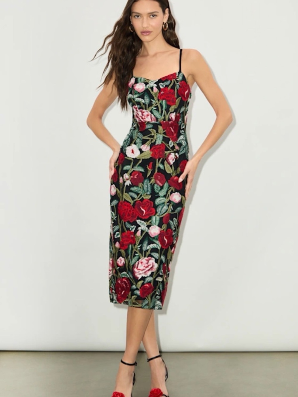 Lulu's Black Midi Dress with Red and Pink Floral Embroidery and Green Leaves